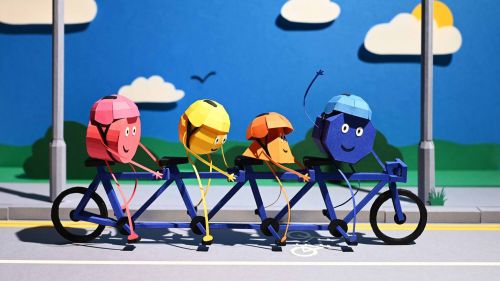 Paper-crafted characters riding a tandem bicycle.