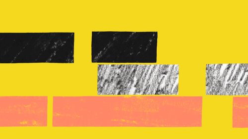 Abstract graphic with black, white and coral textured rectangles arranged on a bright yellow background.