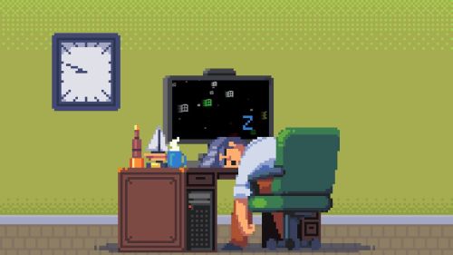 Pixel art character asleep at an office desk in front of a computer.