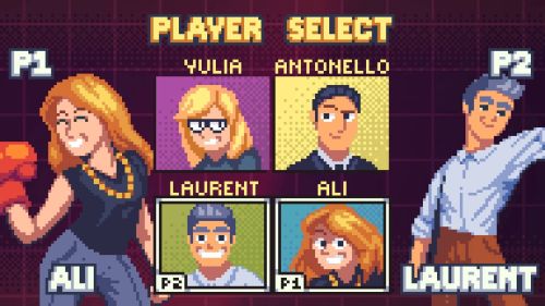 Pixel art character selection screen featuring workplace characters as video game avatars.