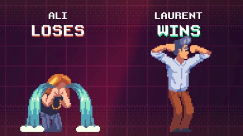 Pixel art game screen showing one character celebrating victory while another kneels in defeat.