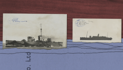 Collage of archival photographs showing two ships at sea, layered over a stylised ocean background.