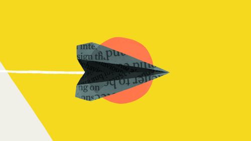 Illustration of a paper aeroplane made from printed text flying across a yellow background with a coral circle.