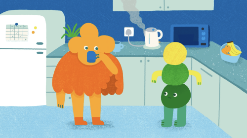 Colourful illustrated characters in a workplace kitchen, with a kettle, microwave and fruit bowl in the background.