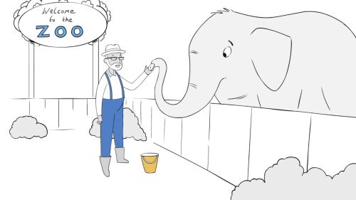 Illustration of a zoo keeper feeding an elephant beside a sign reading “Welcome to the Zoo”.