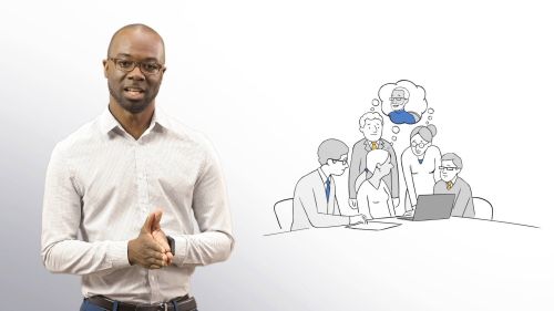 Presenter standing beside an illustration of a team meeting, with multiple members thinking about the patient.