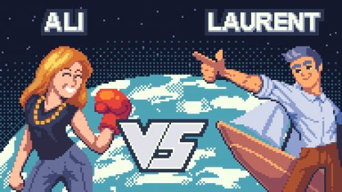 Verses screen in 80's 16 bit graphics. 