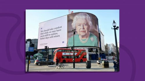A frame from the National Archives: Jubilee video, showing the Queen on a billboard in London.